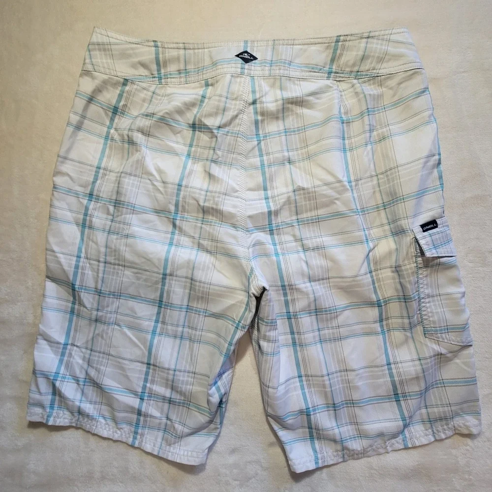 O'Neill Board Shorts Mens 34 White Blue Plaid Cargo Pocket Surf Beach Quick Dry